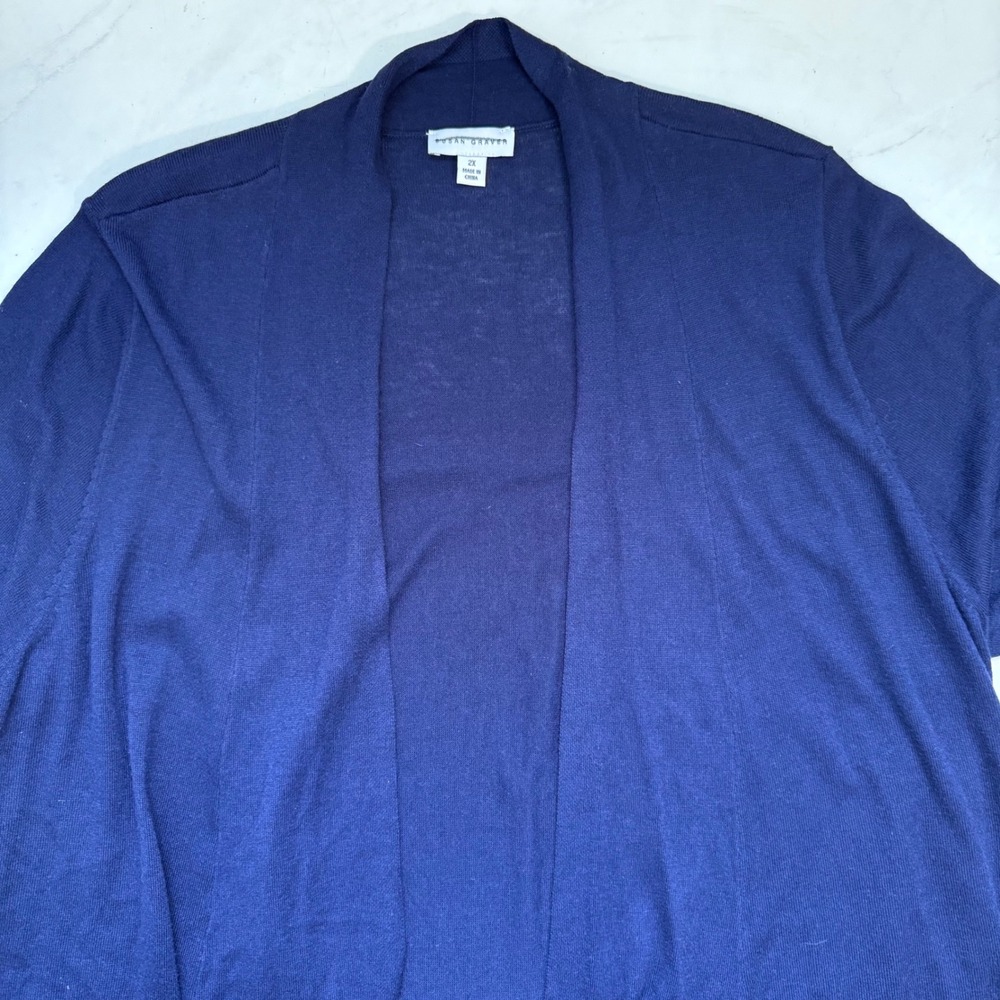 Susan Graver Size 2X Navy Blue Open Front Knit Cardigan Artsy - Picture 3 of 7